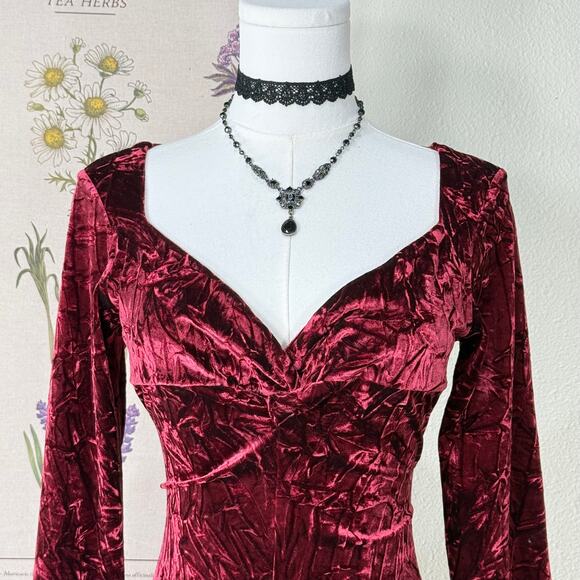 90s Y2k Red Crushed Velvet Maxi Dress Whimsigoth Vampire Romantic Goth Sexy S 4 - Picture 2 of 5
